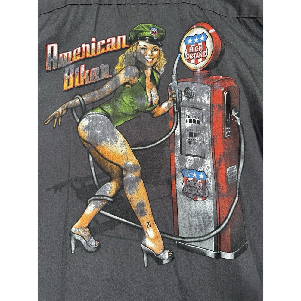 American Biker Mens Short Sleeve Work Shirt Gray Pinup Girl High Octane Large